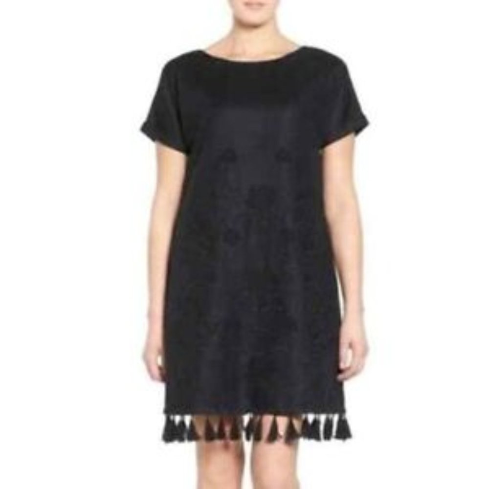 Madewell womens tassel tee dress size S black shift mini embroidered linen blend